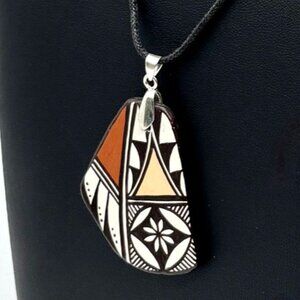 Vintage Acoma Pueblo Shard Signed - Marilyn Ray Lizard Back Waxed Cord Necklace